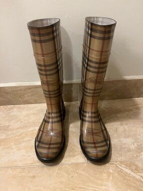 Burberry Beige Plaid Rain Boots